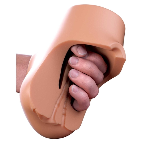 PDX Plus Double Pounder Vibrating Squeeze Stroker brown being used
