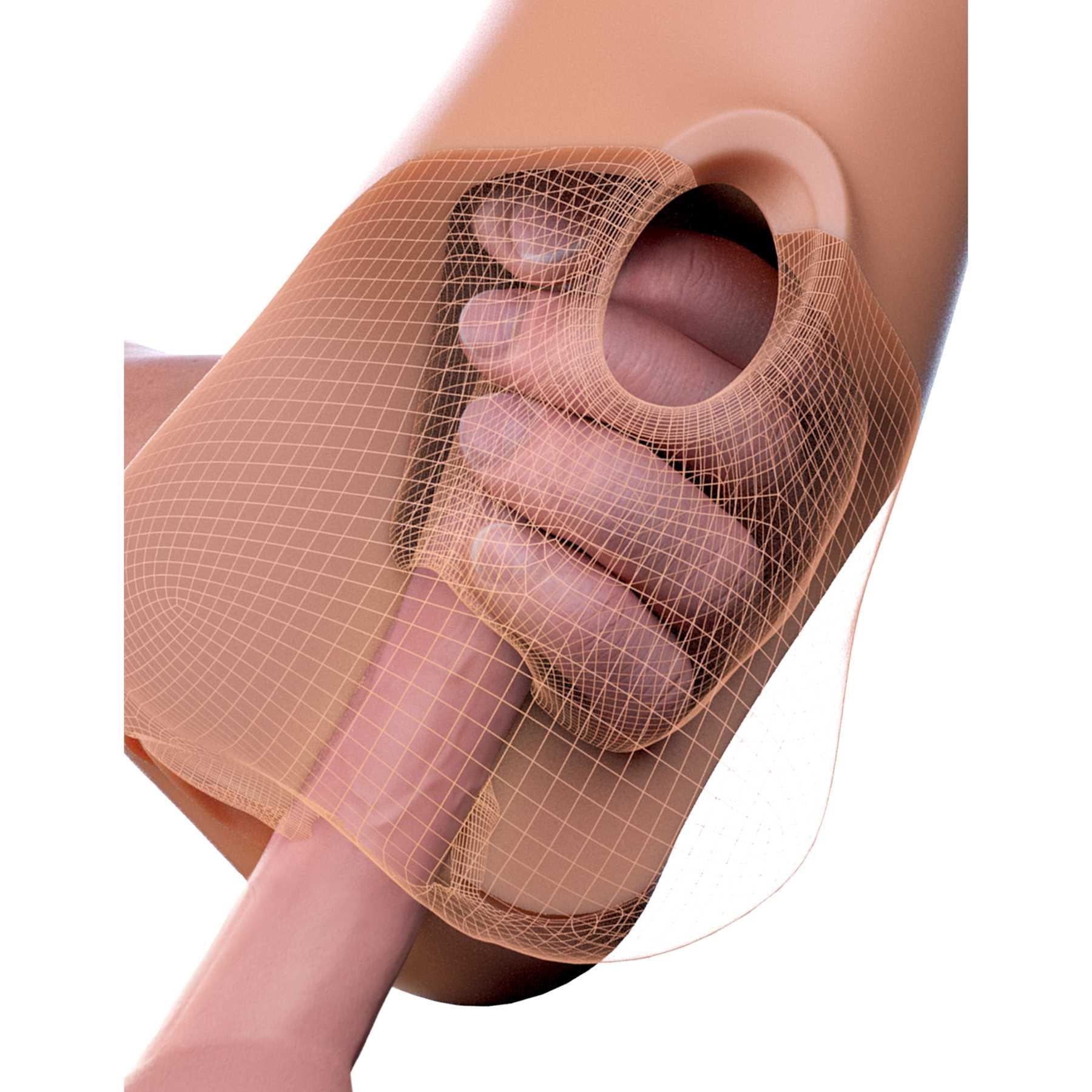 PDX Plus Double Pounder Vibrating Squeeze Stroker brown being used