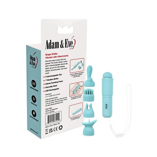 ADAM & EVE SHAPE SHIFTER VIBE WITH ATTACHMENTS AND BACK OF PACKAGE
