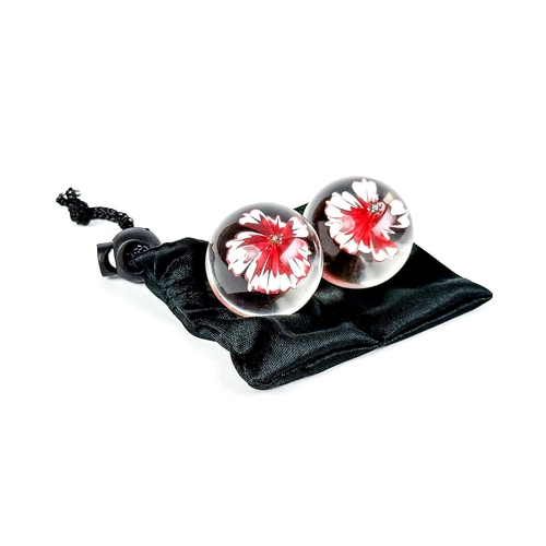 A&E Red Lily Glass Kegel Balls - Product Shot With Storage Bag
