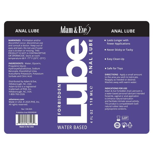 Adam & Eve Forbidden Anal Lubricant 4 oz label