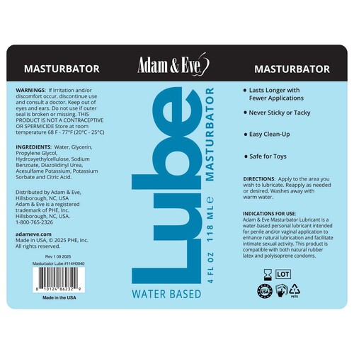 Adam & Eve Masturbator Lube 4 oz label