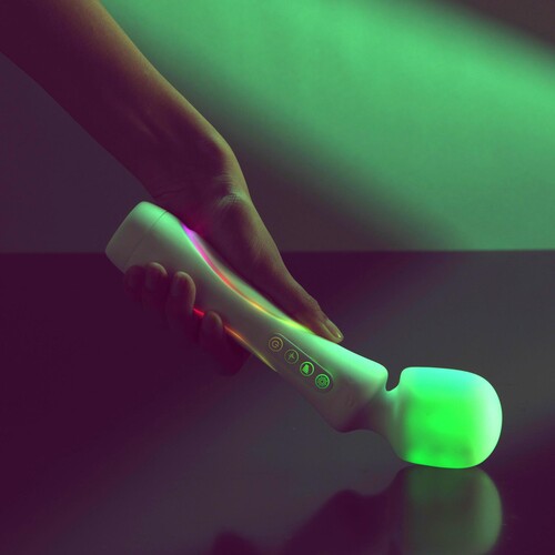 Illumination Wand Massager glowing demonstrating wand head flexibility