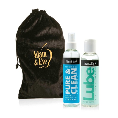 Bag gold letters 4 oz toy cleaner and Vibe lube