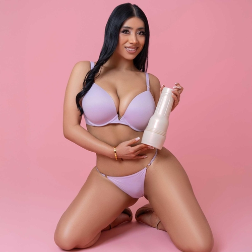 Fleshlight Girl Violet Myers Butt posed wearing lingerie holding masturbator