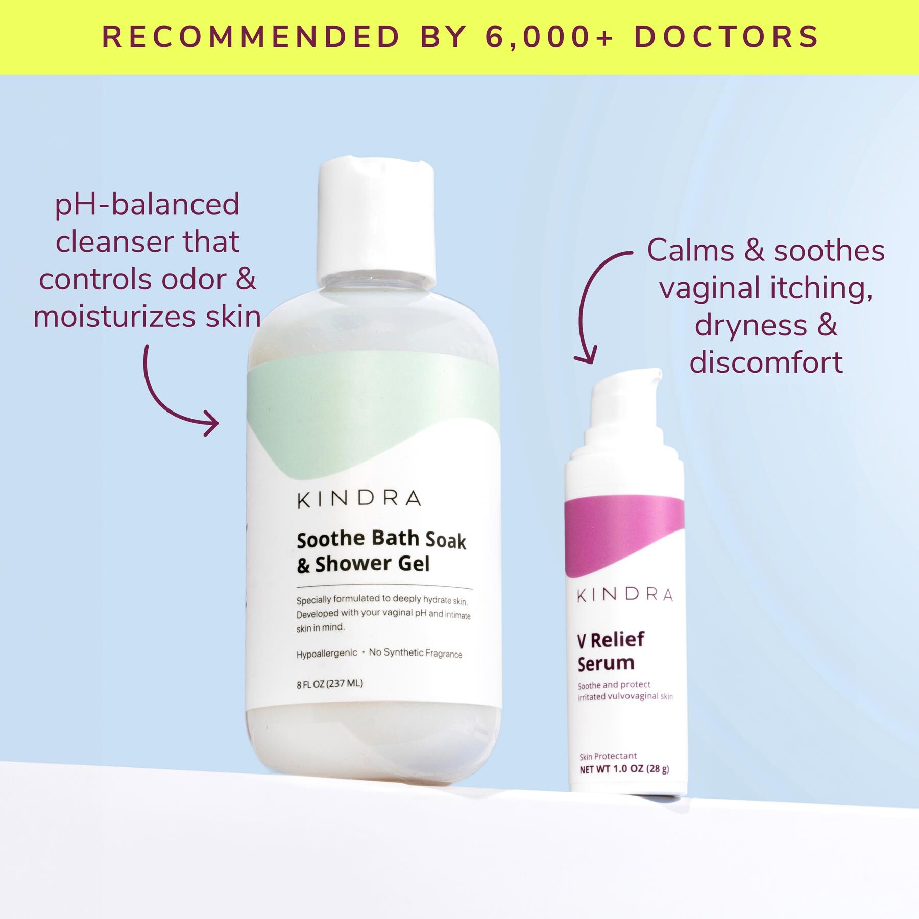 Soothe Bath Soak & Shower Gel and V Relief Serum recommended by 6000 plus doctors