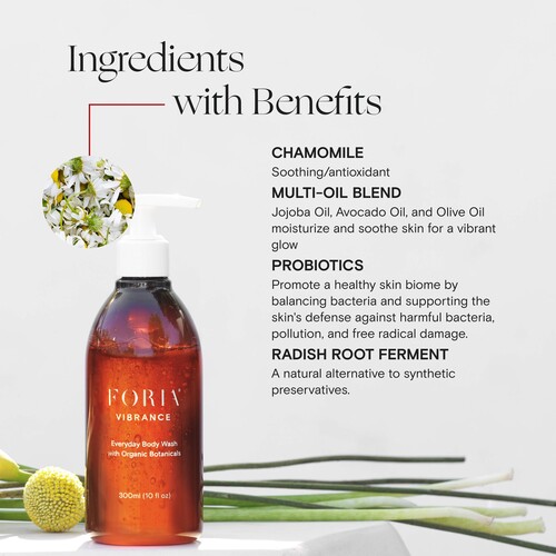 Vibrance body wash with organic botanicals with info