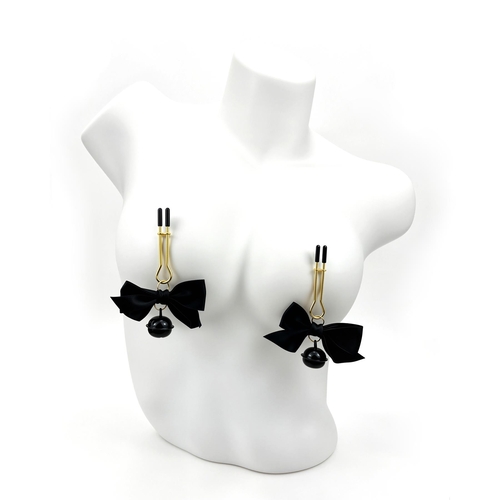 Bells and Bows Nipple Clamps - Product Shot - Black - On Mannequin