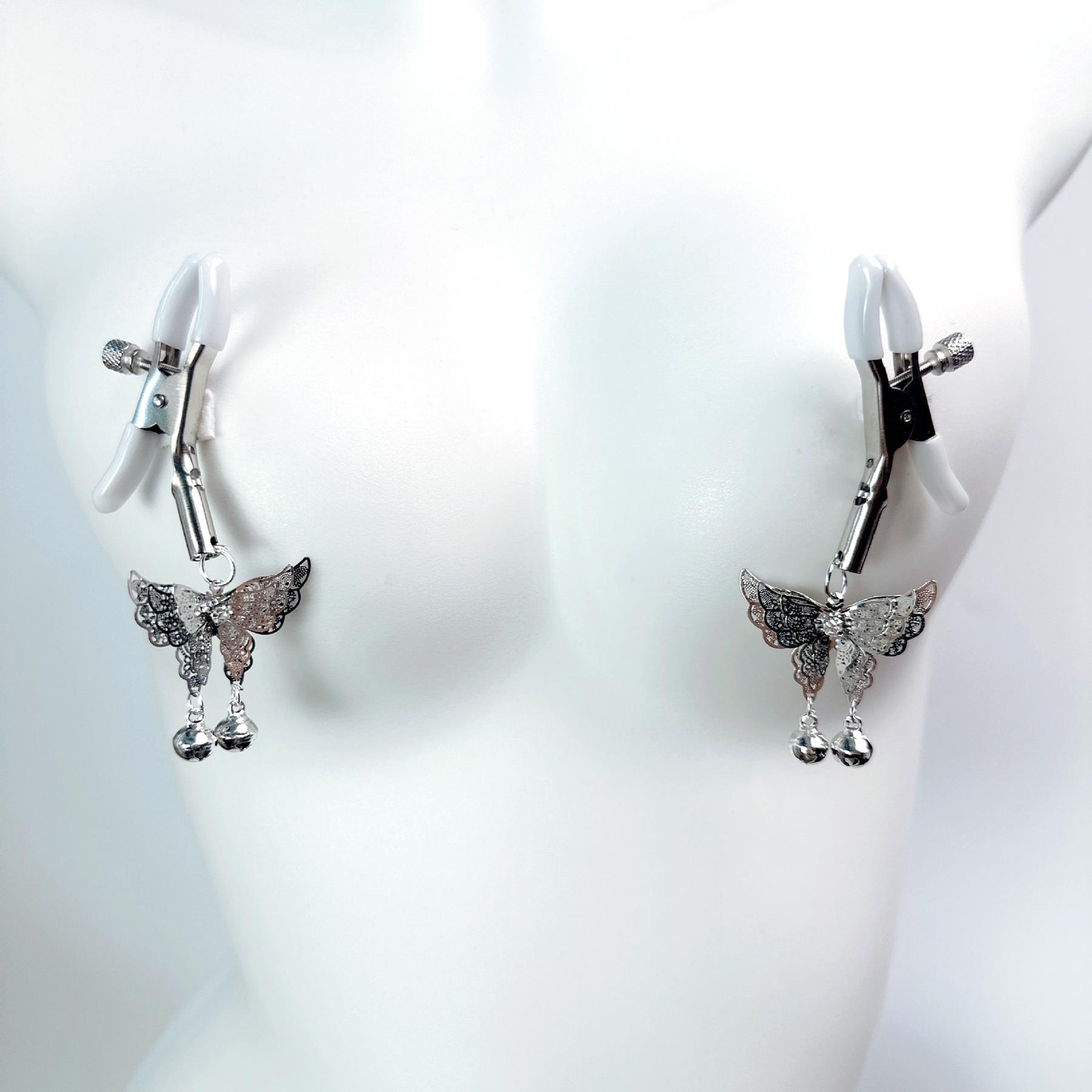 Butterfly Nipple Clamps - Product Shot - On Mannequin - Silver