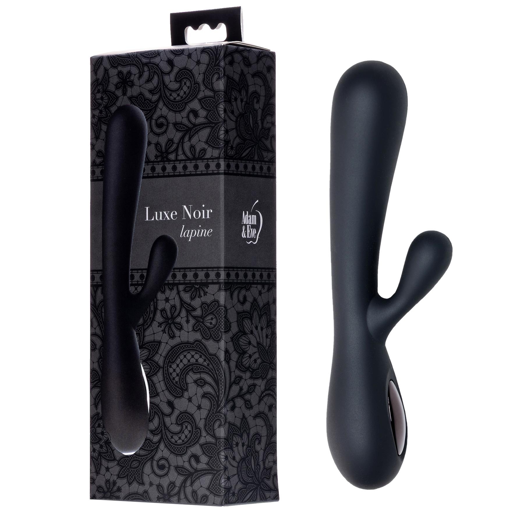 Adam & Eve Luxe Noir Lapine Sleek Rabbit Vibrator - Product and Packaging