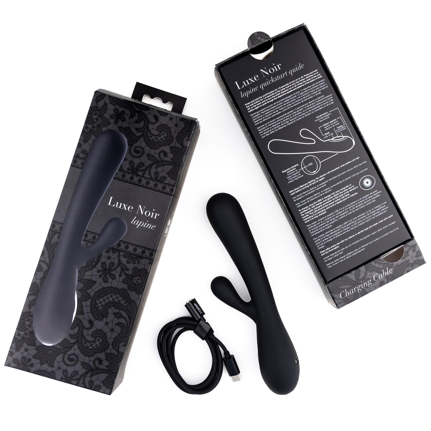 Adam & Eve Luxe Noir Lapine Sleek Rabbit Vibrator - Product and Packaging