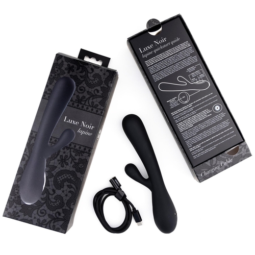 Adam & Eve Luxe Noir Lapine Sleek Rabbit Vibrator - Product and Packaging