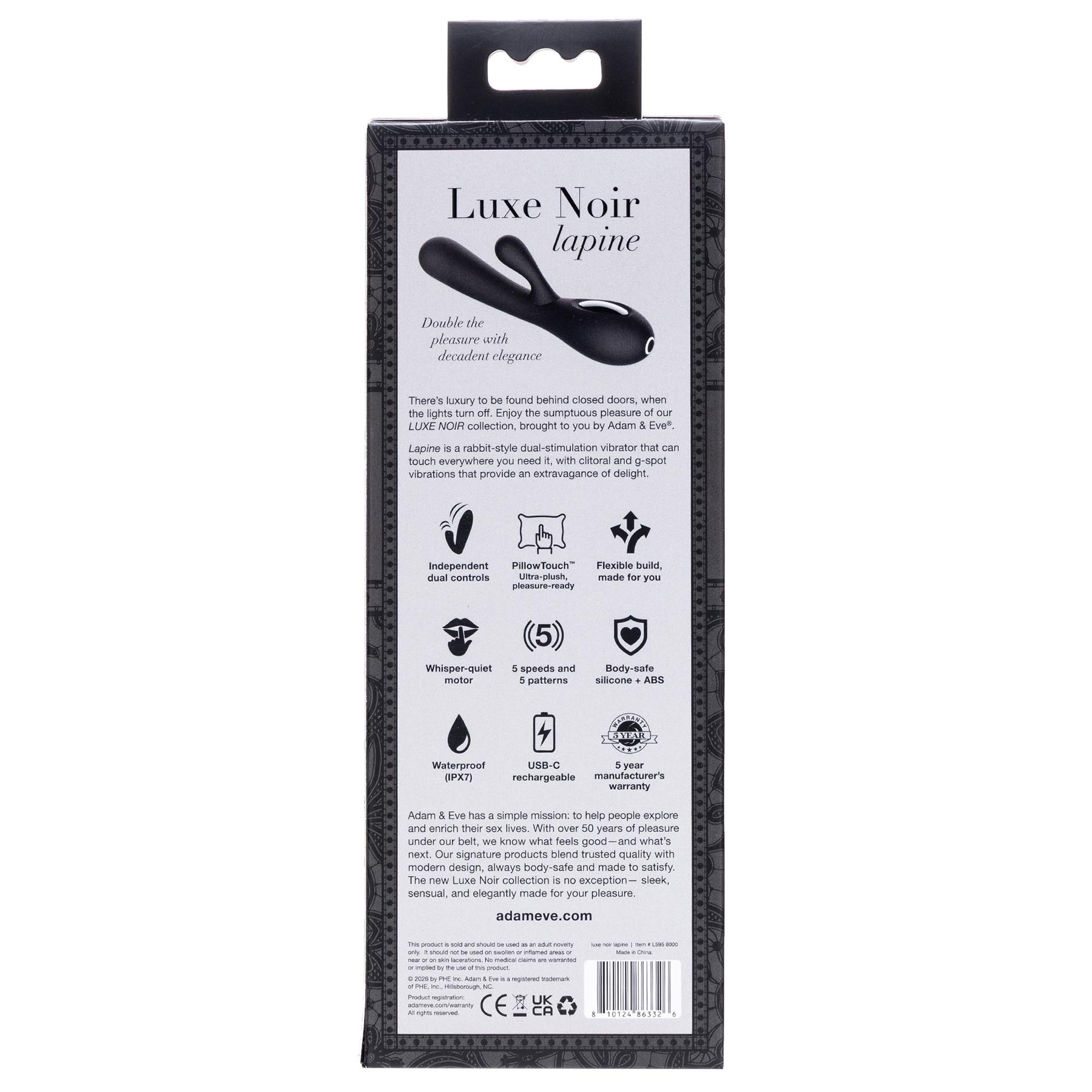 Adam & Eve Luxe Noir Lapine Sleek Rabbit Vibrator - Packaging Shot - Back