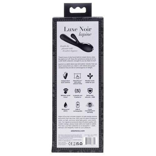 Adam & Eve Luxe Noir Lapine Sleek Rabbit Vibrator - Packaging Shot - Back