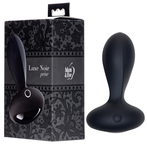 Adam & Eve Luxe Noir Prise Plush Vibrating Plug - Product and Packaging