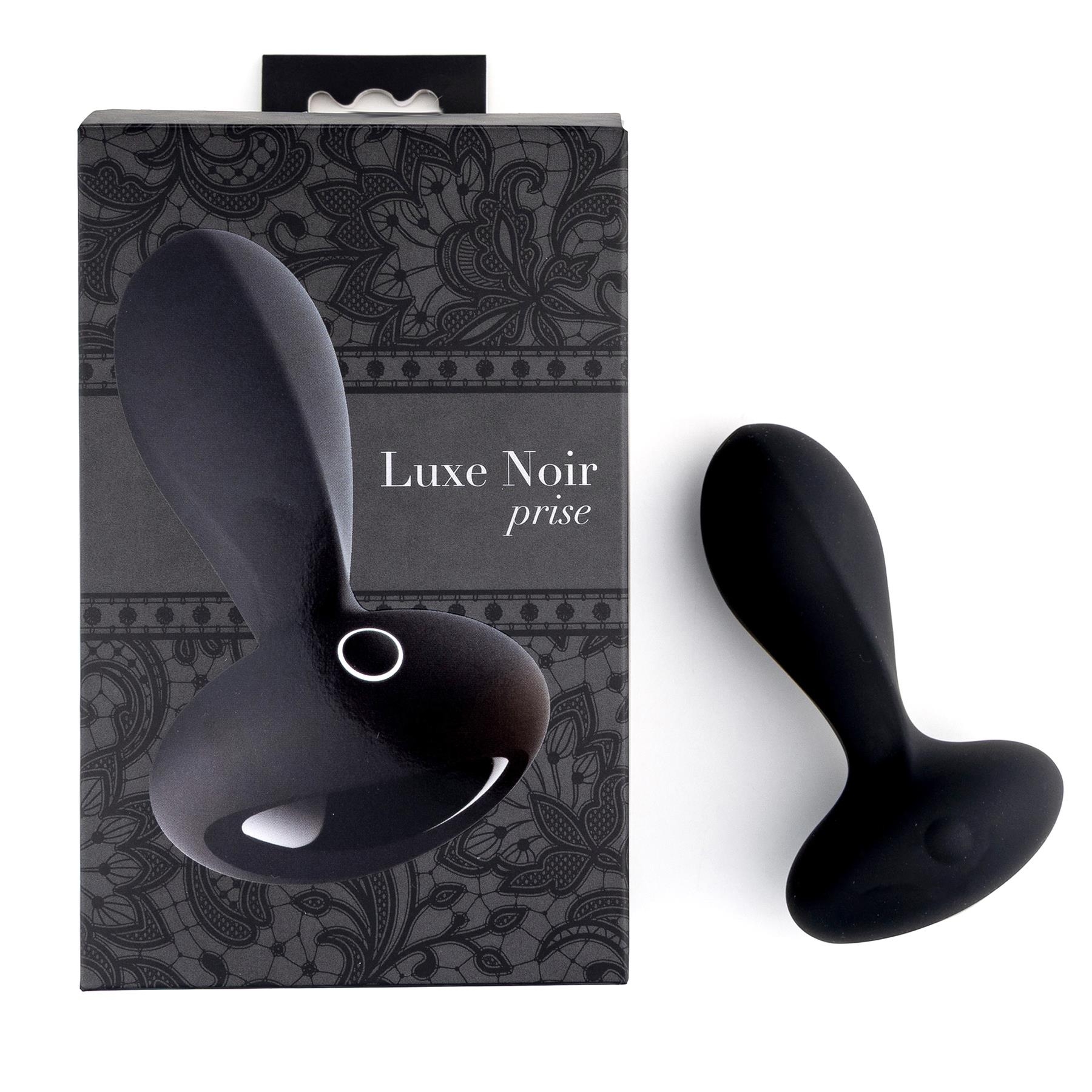 Adam & Eve Luxe Noir Prise Plush Vibrating Plug - Product and Packaging