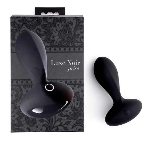 Adam & Eve Luxe Noir Prise Plush Vibrating Plug - Product and Packaging