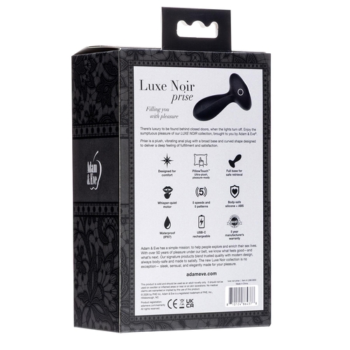 Adam & Eve Luxe Noir Prise Plush Vibrating Plug - Packaging Shot - Back