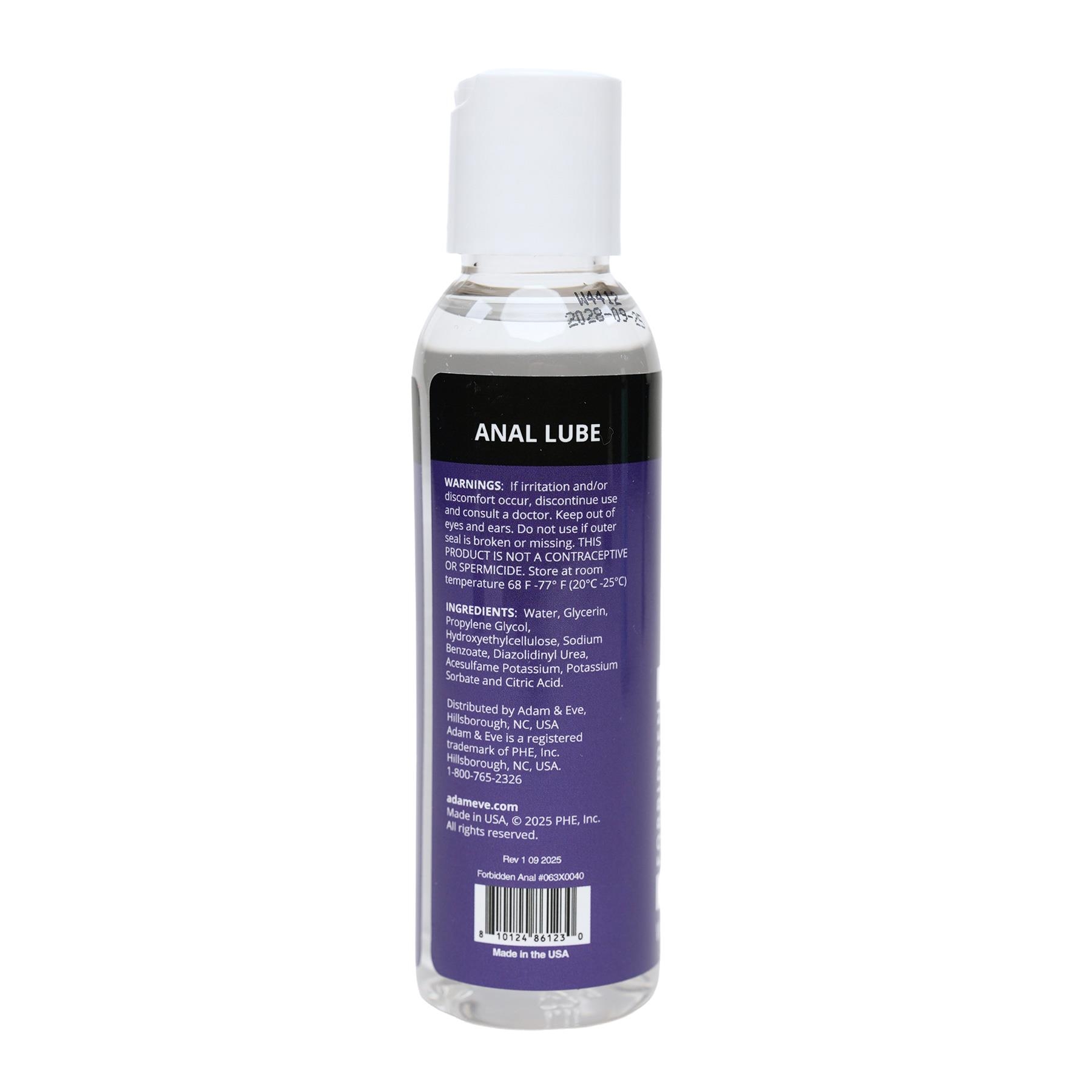 Adam & Eve Forbidden Anal Lubricant 4 oz back of bottle