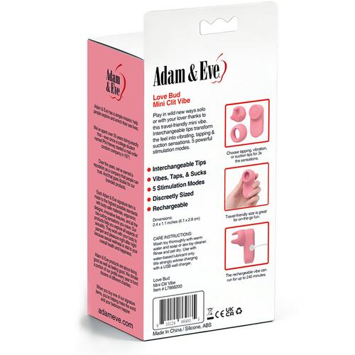 Adam & Eve Love Bud Mini Clit Stimulator With Attachments - Back of Packaging