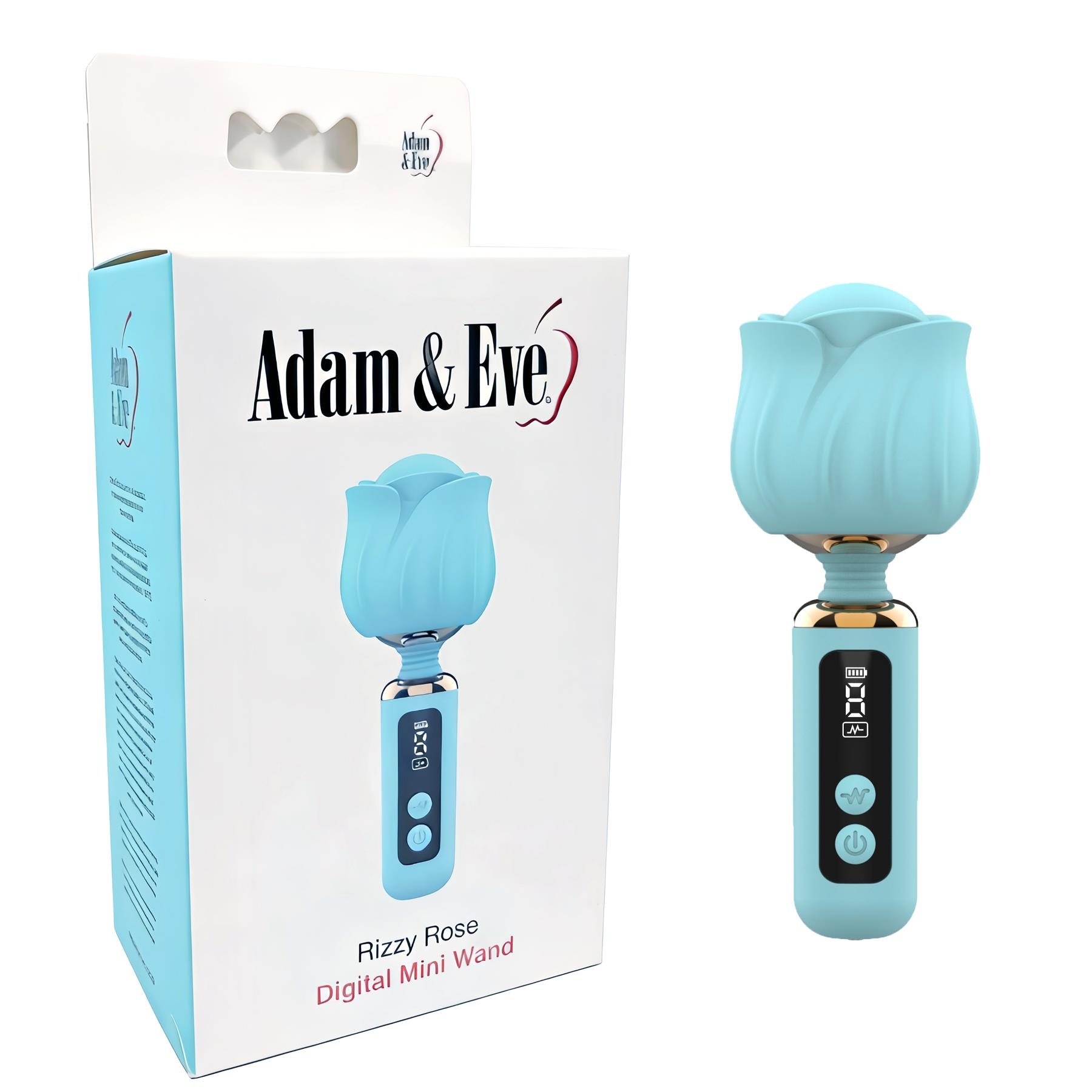 Adam & Eve Rizzy Rose Digital Mini Wand - Product and Packaging - Powder Blue