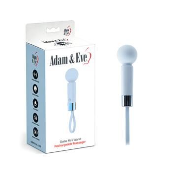 Adam & Eve Dottie Mini Wand Massager - Product and Packaging - Light Blue
