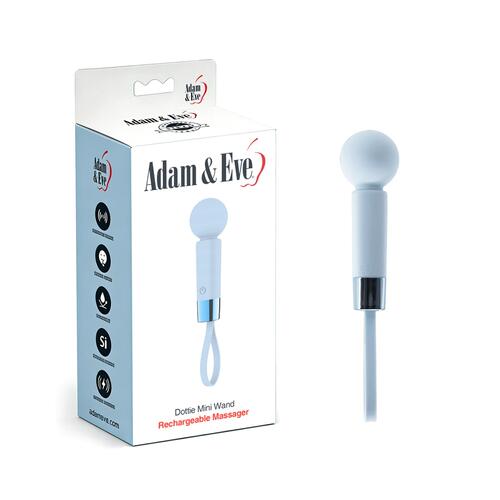 Adam & Eve Dottie Mini Wand Massager - Product and Packaging - Light Blue