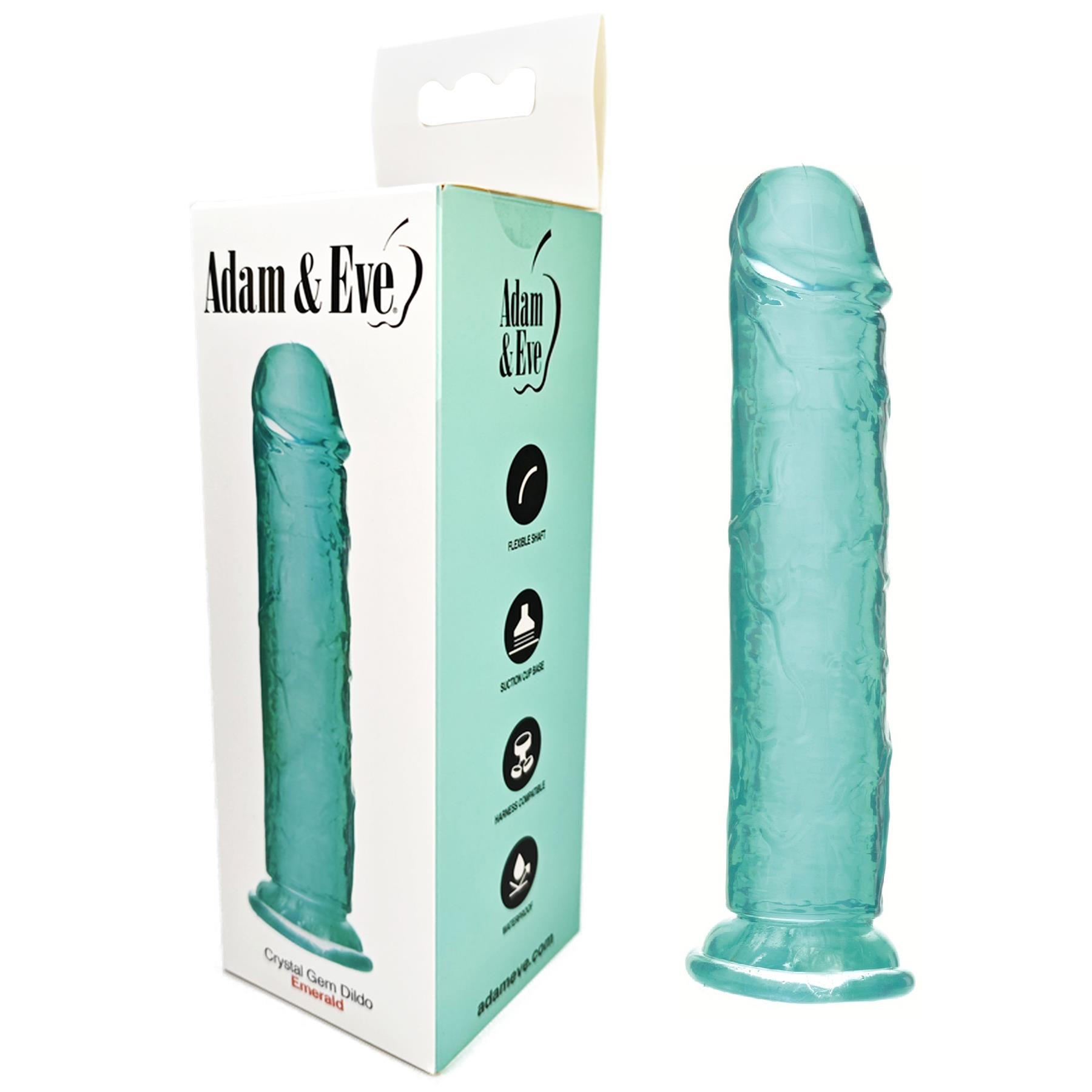 Adam & Eve Crystal Gem Dildo - Product and Packaging - Emerald