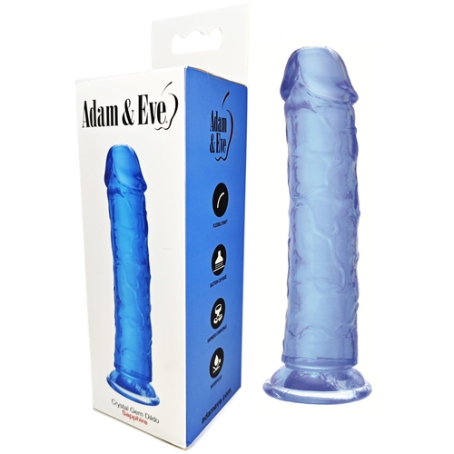Adam & Eve Crystal Gem Dildo - Product and Packaging - Sapphire