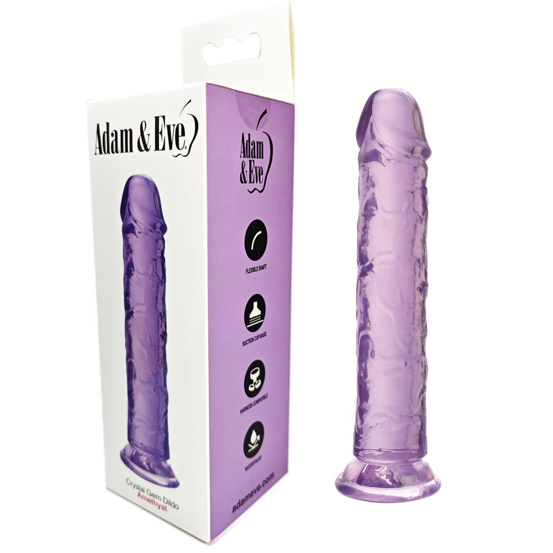 Adam & Eve Crystal Gem Dildo - Product and Packaging - Amethyst