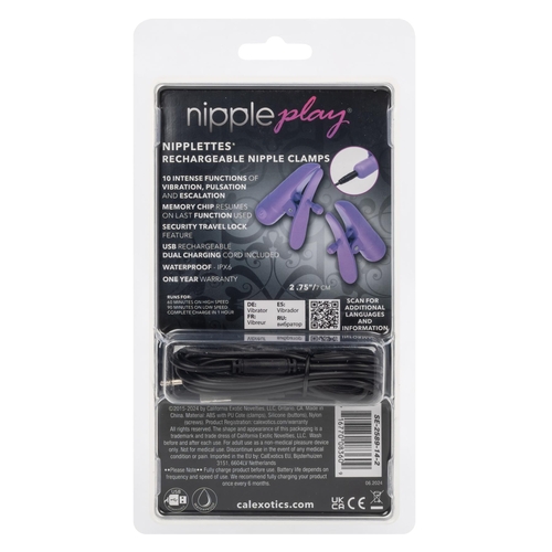 Nipple Play Nipplettes Rechargeable Clamps BACK OF PACKAGE