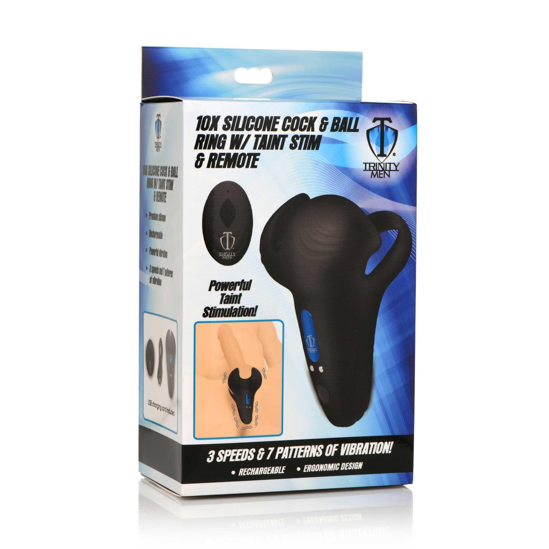 10X Silicone Cock & Ball Ring Taint Stimulator & Remote Control packaging side view