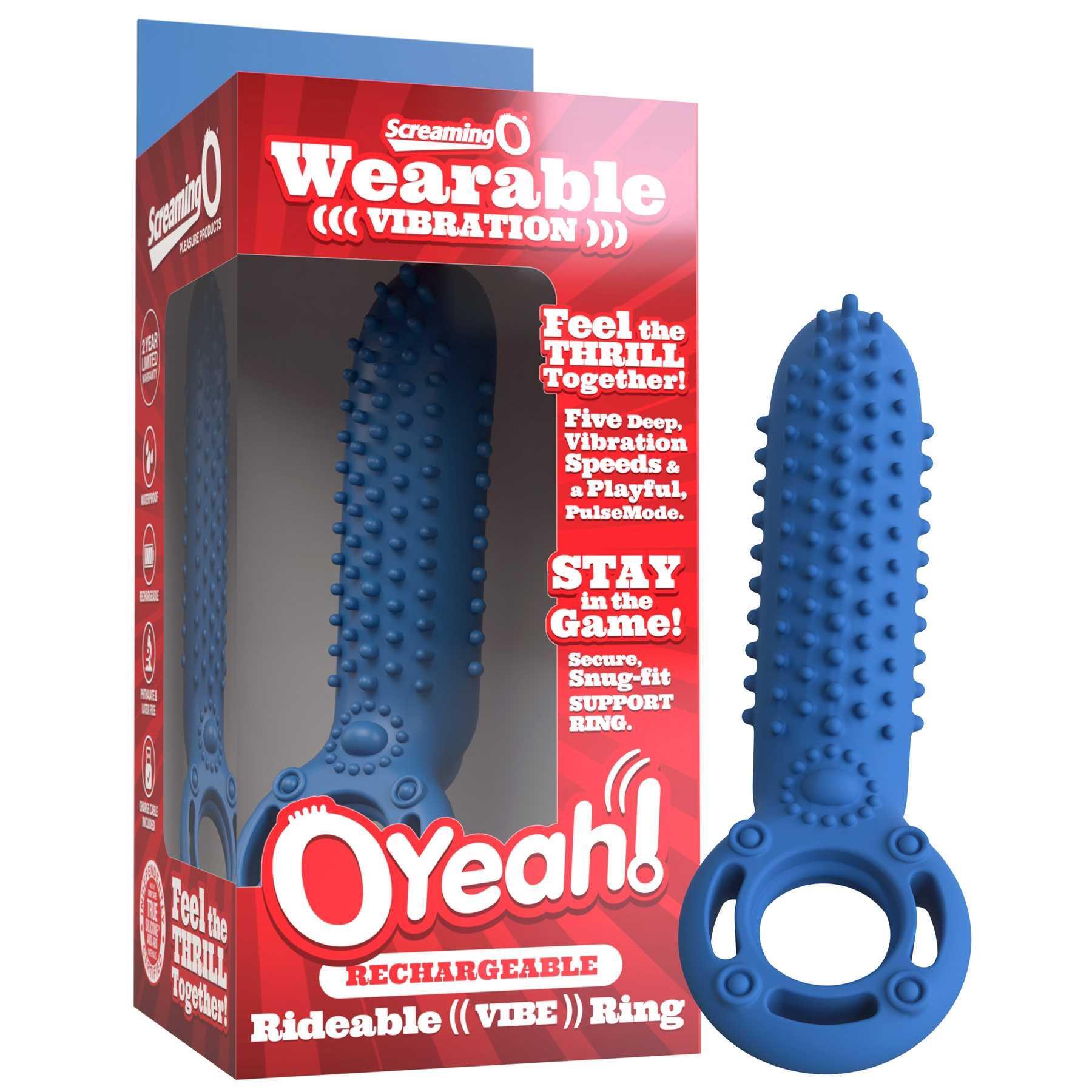 OYeah Rechargeable Vertical Vibrating Ring blue product with packaging