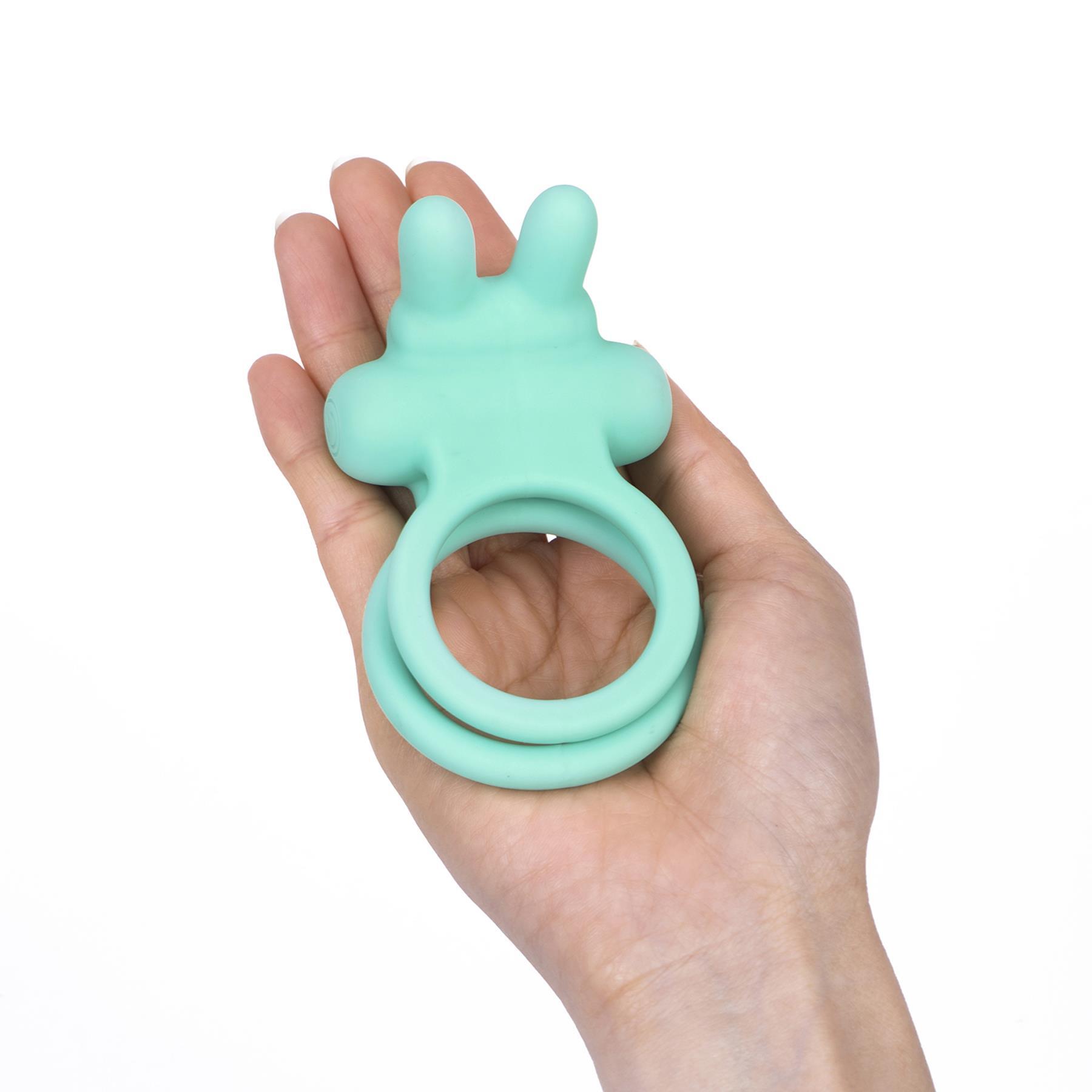 Adam & Eve Bouncin' Bunny Vibrating Couples Enhancer - Hand Shot - Aqua