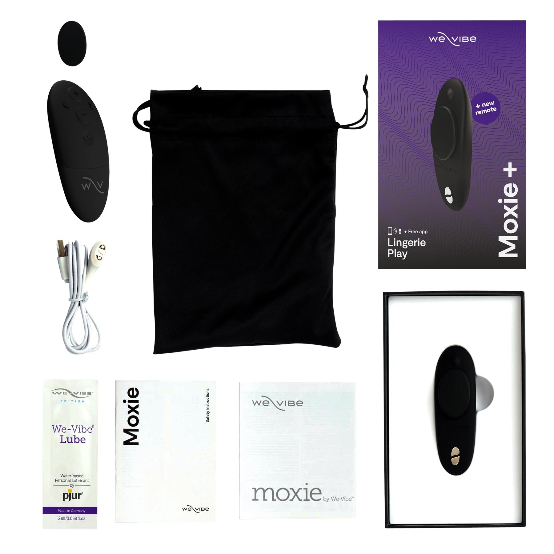 We-Vibe Moxie+ color black showing what's on the ox