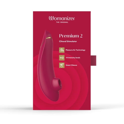 Womanizer Premium 2 Clitoral Stimulator - Burgundy package