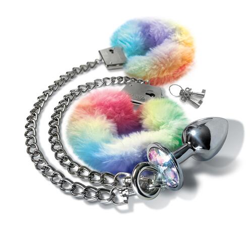 Nixie Metal Butt Plug and Fur Cuff Set - Product Shot - multicolor