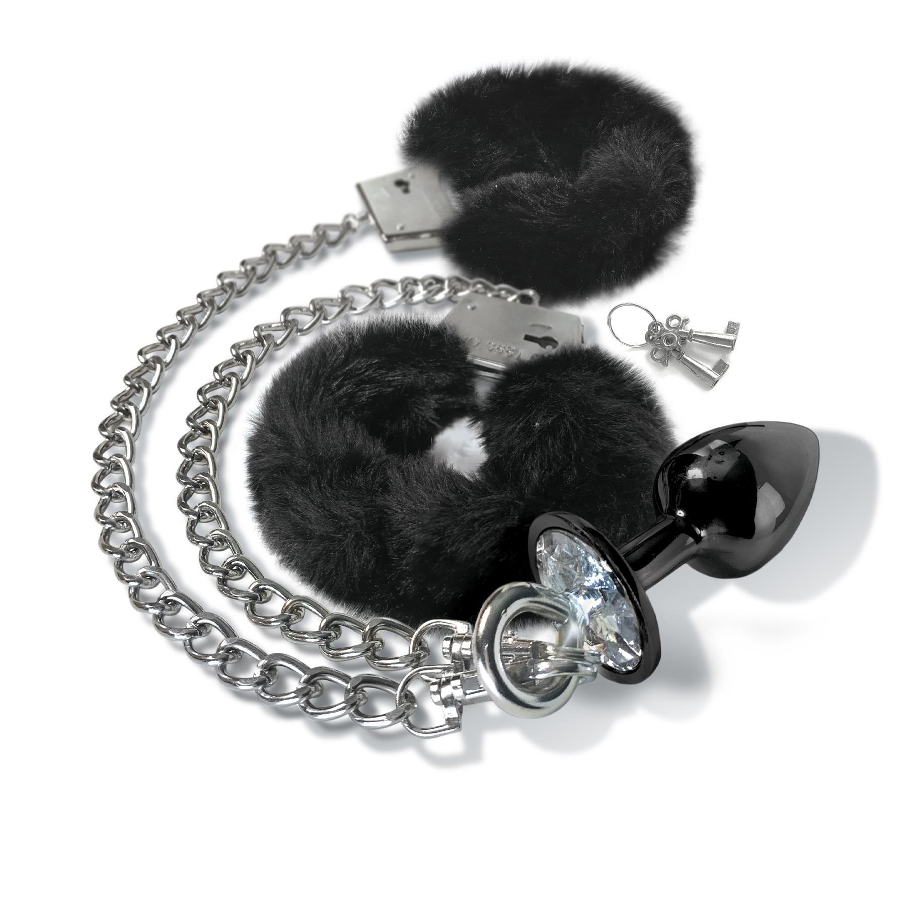 Nixie Metal Butt Plug and Fur Cuff Set - Product Shot - black