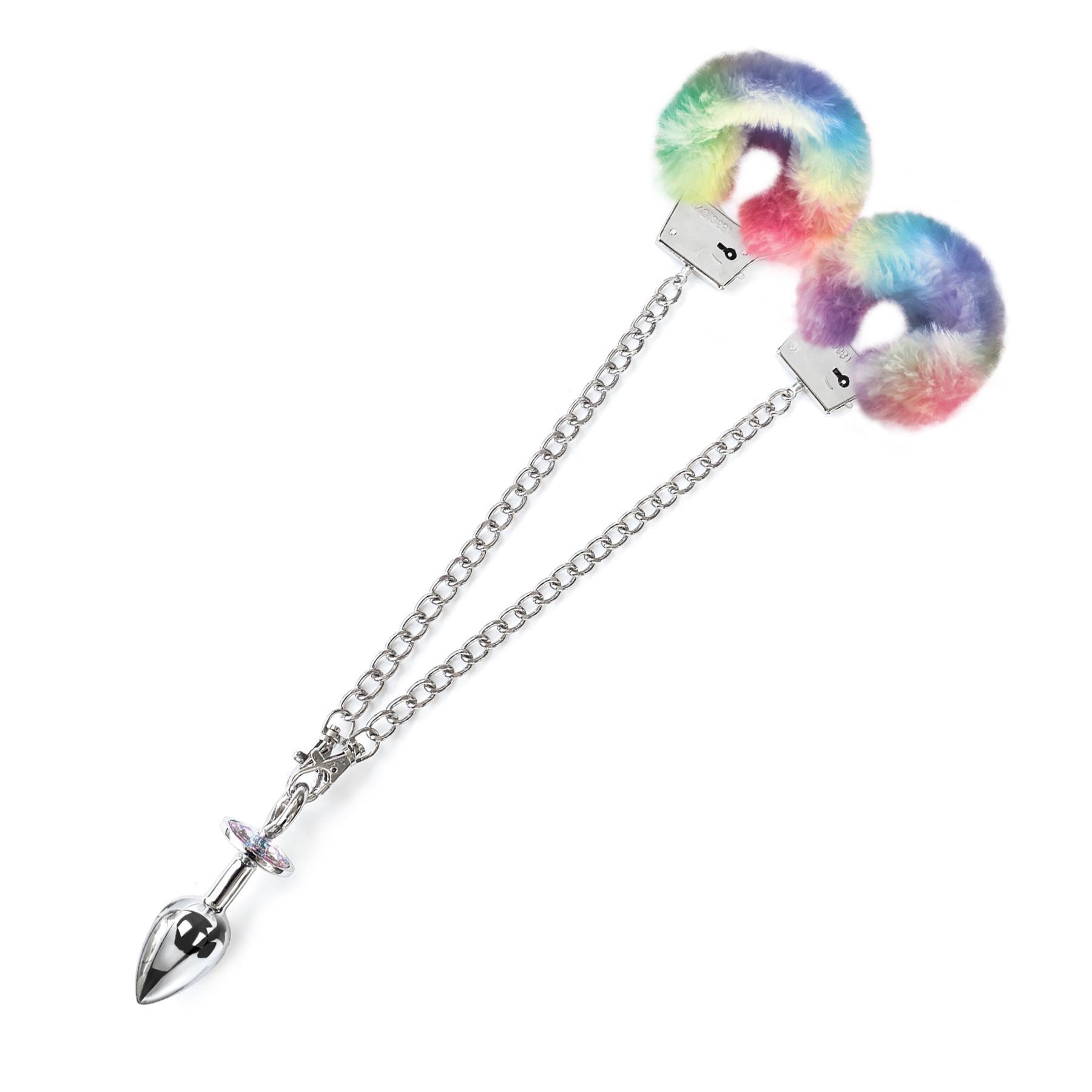Nixie Metal Butt Plug and Fur Cuff Set - Product Shot - multicolor