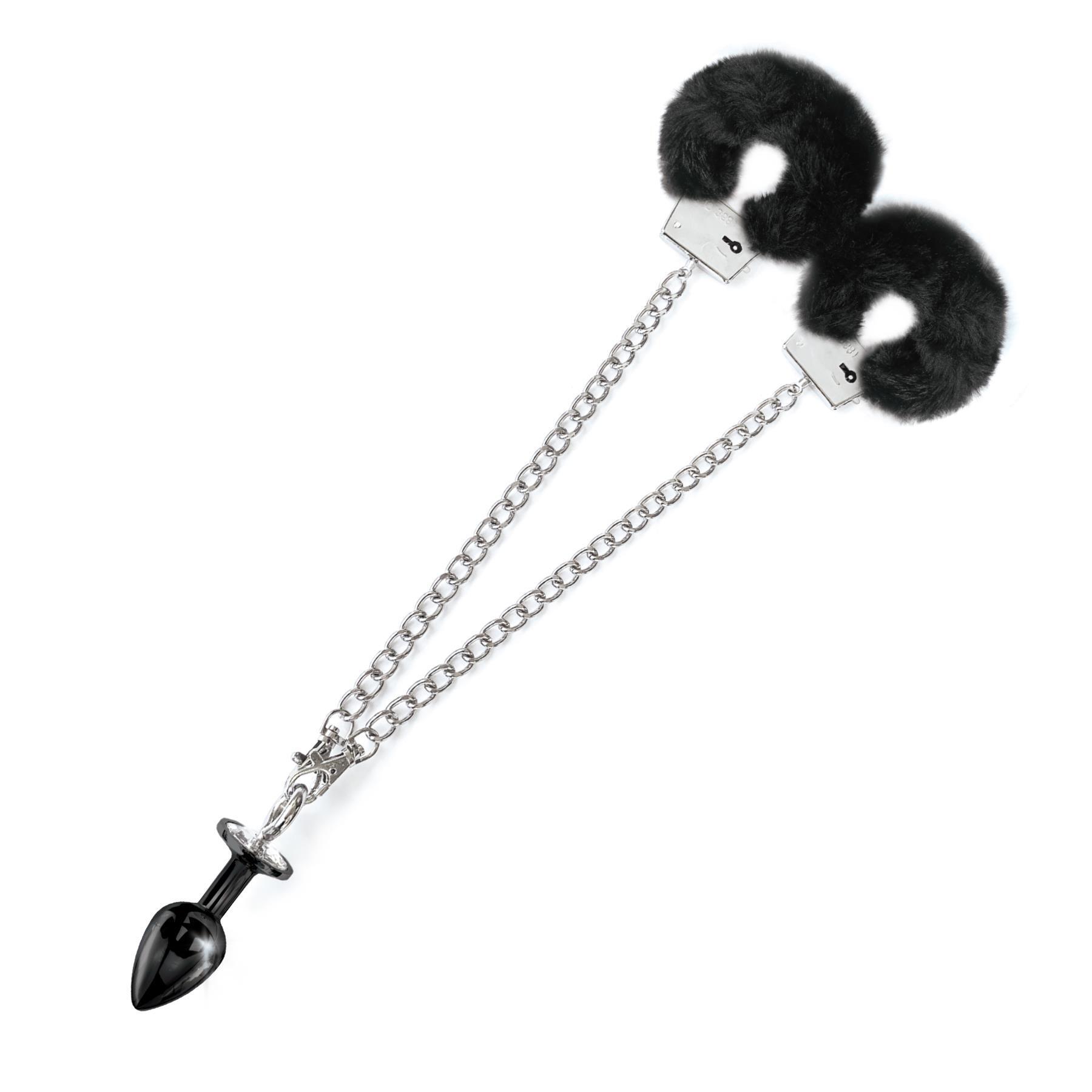 Nixie Metal Butt Plug and Fur Cuff Set - Product Shot - black