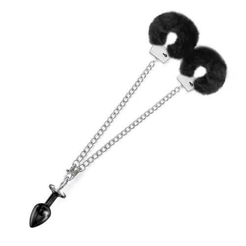 Nixie Metal Butt Plug and Fur Cuff Set - Product Shot - black