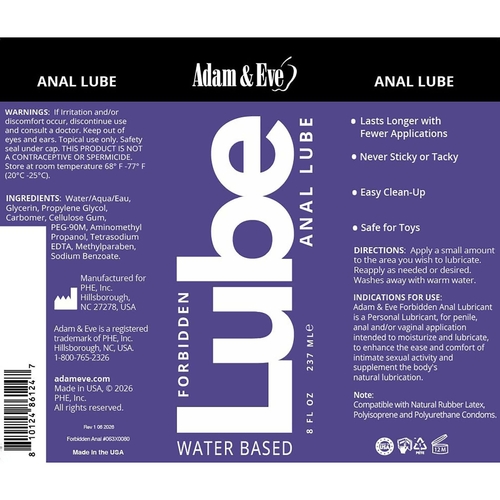 Adam & Eve Forbidden Anal Lubricant 8 oz label