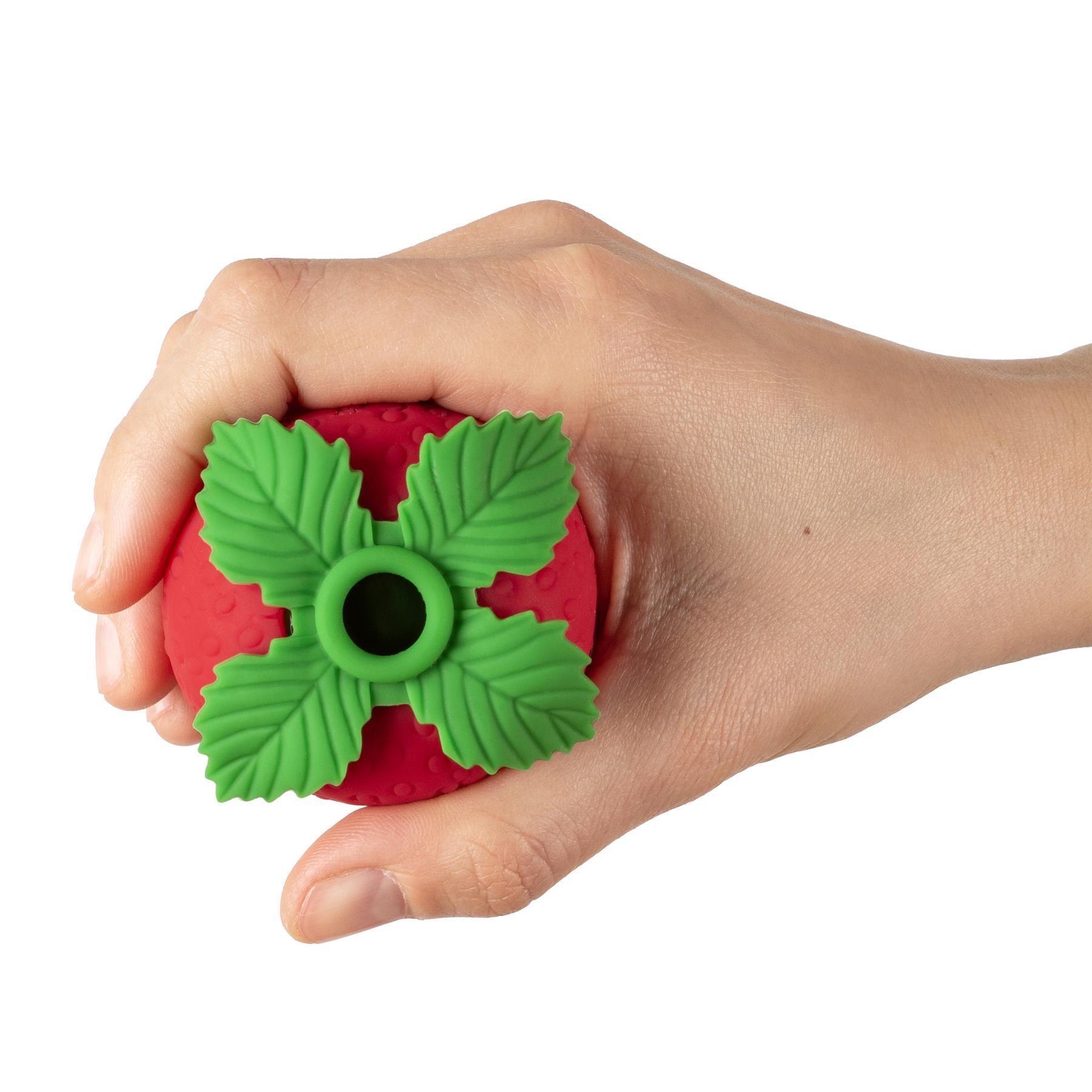 Emojibator Strawberry Emoji Suction Vibrator on hand view 1