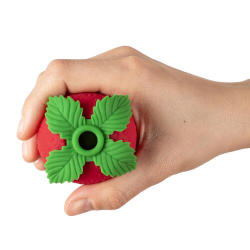 Emojibator Strawberry Emoji Suction Vibrator on hand view 1