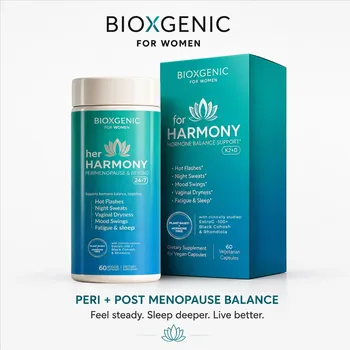 BioXgenic Her Harmony Peri+Post Menopause Balance bottle & box front