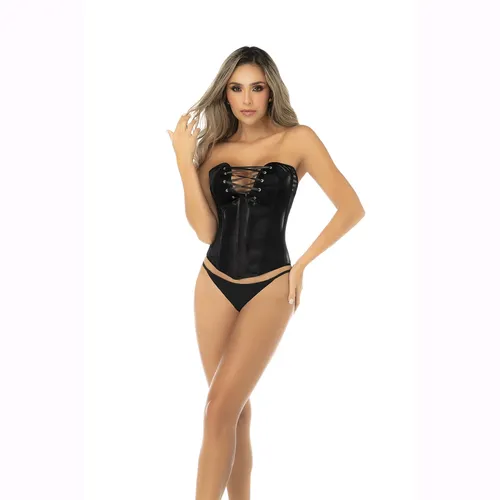 Faux liquid leather corset front