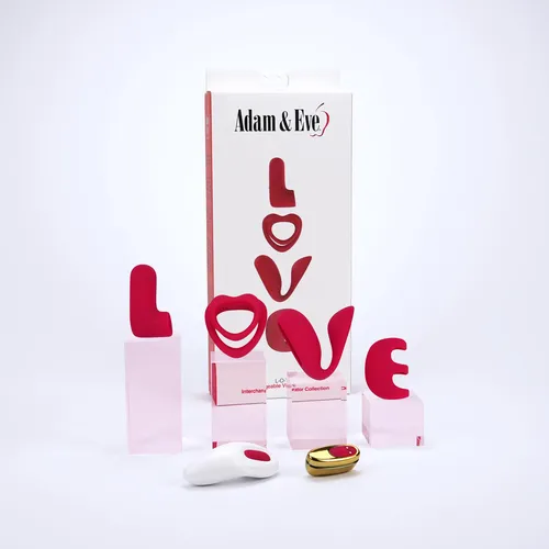 Adam & Eve L-O-V-E Interchangeable Vibrator Collection - Packaging and Product on Risers